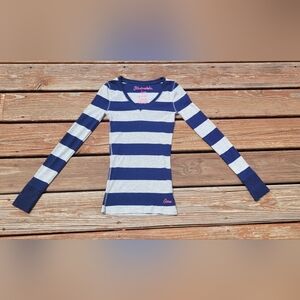 Y2K Late 2000s Style Preppy Navy Blue & Gray Striped Aeropostale Henley - Xs